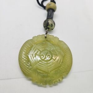 Vintage Green Jade Jadeite Asian Hand Carved Yin Yang Octagon Pendant On Cord